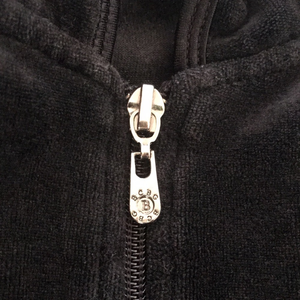 BCBGMaxAzria Black Velour Rhinestone Logo Zip-Up Hooded Jacket Medium - Picture 3 of 13